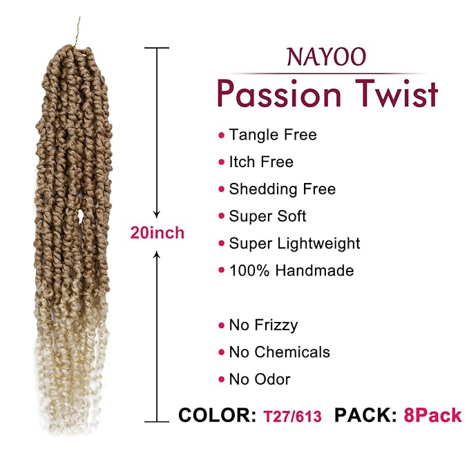 Passion Twist Hair - 8 Packs 20 Inch Passion Twist Crochet Hair For Women, Crochet Pretwisted Curly Hair Passion Twists Synthetic Braiding Hair Extensions (20 Inch 8 Packs, T27/613)