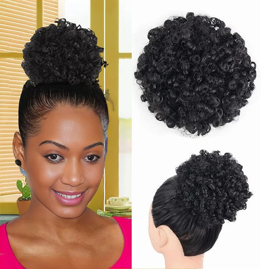 Afro Puff Ponytail for Black Women Culy Wavy Short Drawstring Ponytail Extension Synthetic Hairpieces Mini Afro Bun(1B#)