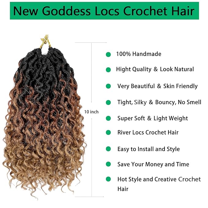 Faux Locs Crochet Hair 10 Inch Ombre Goddess Locs Curly Pre Looped Crochet Braids with Curly Ends Boho Hippie Synthetic Hair Extensions (6 packs, #1b/30/27)