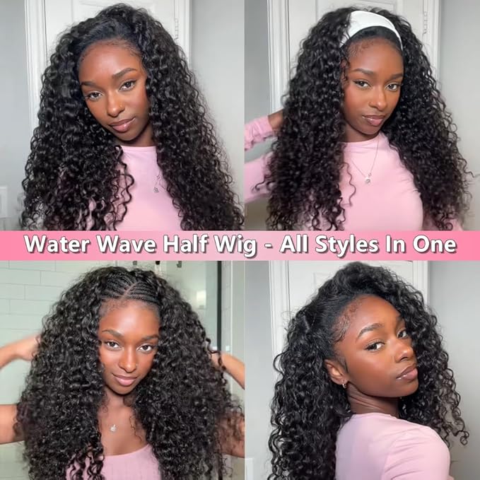 Half Wig Human Hair Water Wave 20 Inch Wear Go Glueless Wigs 3 In 1 Curly Half Wig Human Hair 200 Density Wet and Wavy Drawstring Seamless Flip Over Wigs for Black Women Beginner Friendly