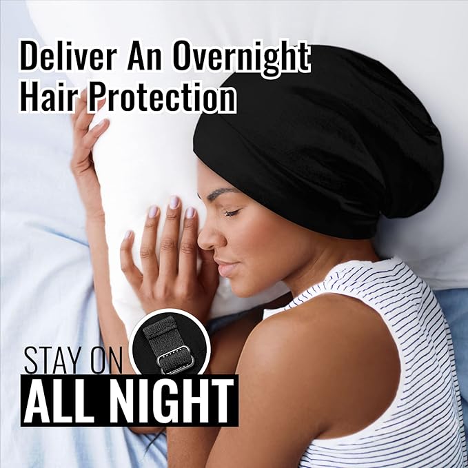 Satin Bonnet for Curly Hair and Braids, Night Cap with Adjustable Strap for Women and Men, Black and Black Leopard, Pack of 2