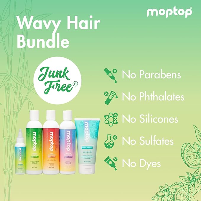 MopTop Wavy Hair Bundle - Curly Hair Shampoo and Conditioner Set w/Curl Cream, & Leave in Conditioner, Reduces Frizz & Restores Damaged Hair, Sulfate & Paraben Free – (Set of 5)