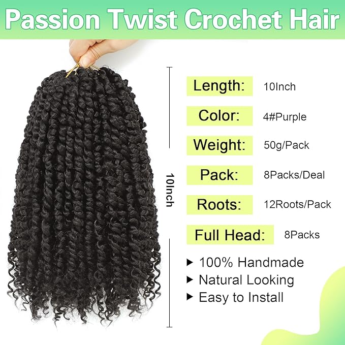 Passion Twist Crochet Hair 10Inch Passion Twist Hair 8 Packs Pre-Twisted Passion Twist Crochet Hair for Black Women Soft Passion Twist Curly Crochet Hair 4#