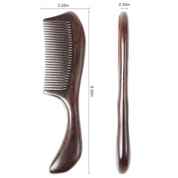 Onedor Handmade 100% Natural Black Sandalwood Hair Combs - Anti-Static Sandalwood Scent Natural Hair Detangler Wooden Comb (Round Handle Fine Tooth)