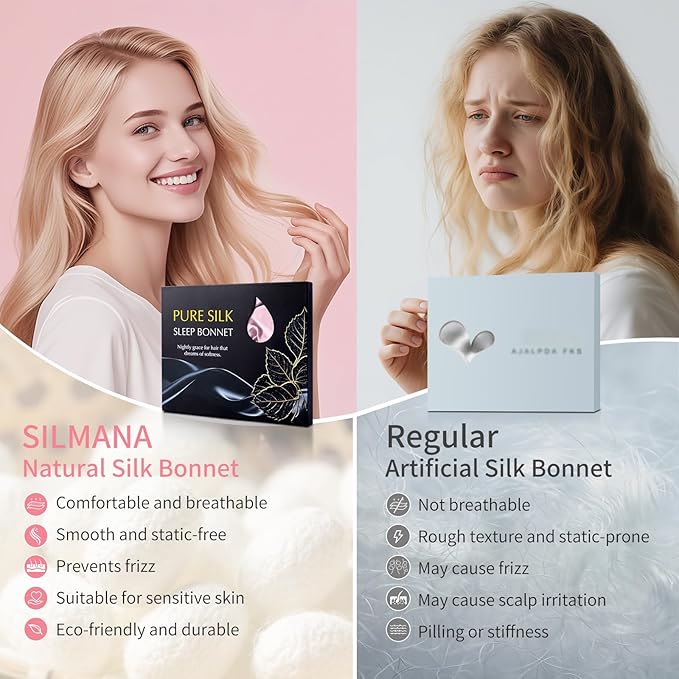 Silk Bonnet for Sleeping Women, 22 Momme 100% Mulberry Silk Sleep Cap with 2 Matching Silk Scrunchies, Double-Sided Wearable Hair Bonnet for Night Hair Care and All Hair Types - Pink