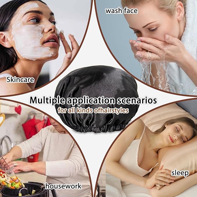 Satin Bonnet for Women,Double Layer Adjustable Sleep Cap, Soft and Silk Hair Bonnet for Curly Hair Protection, 2 Pack (Black & Brown)