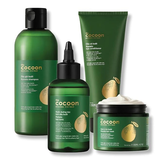 Cocoon Ultimate Hair Repair Set (SAVE 30%): Pomelo Tonic 4.7 fl oz, Shampoo & Conditioner 16.9 fl oz each, and Hair Mask 6.7 fl oz