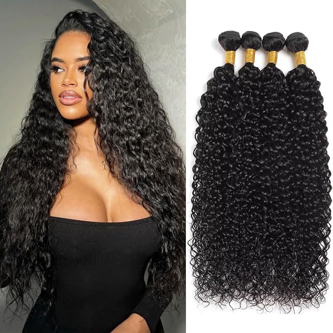 Human Hair Bundles Water Wave(20 22 24 26 Inch)100% Unprocessed Brazilian Virgin Human Hair 4 Bundles Wet and Wavy Hair Weft for Black Women Natural Color