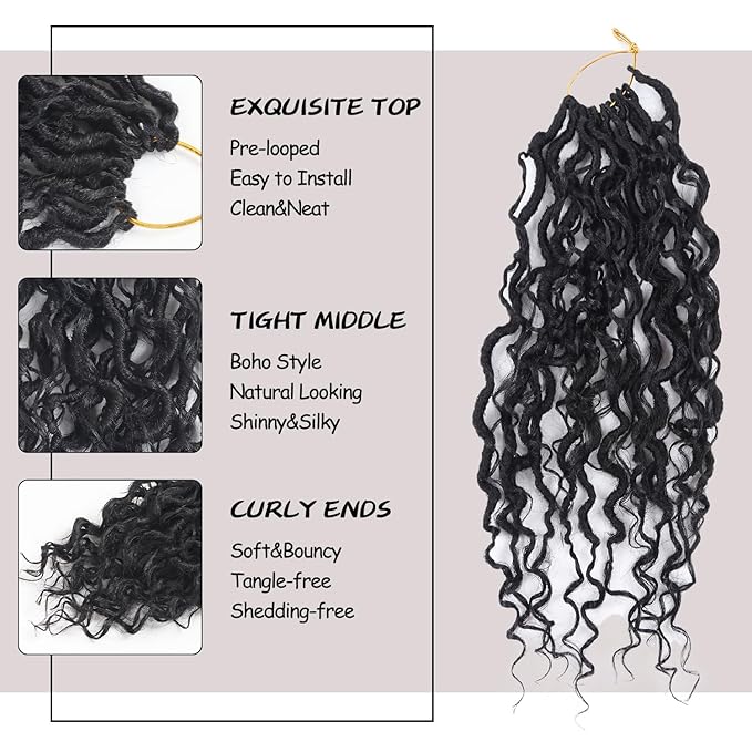 Goddess Locs Crochet Hair,Vemet 16 Inch 9 Packs Synthetic Faux Locs Crochet Hair for Black Women,River Locs Hair Extensions Boho Style Pre looped Faux Locs with Curly Ends