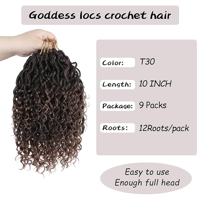 Goddess Locs Crochet Hair,10 Inch 9 Packs Synthetic Faux Locs Crochet Hair for Black Women,River Locs Hair Extensions Boho Style Pre looped Faux Locs with Curly Ends
