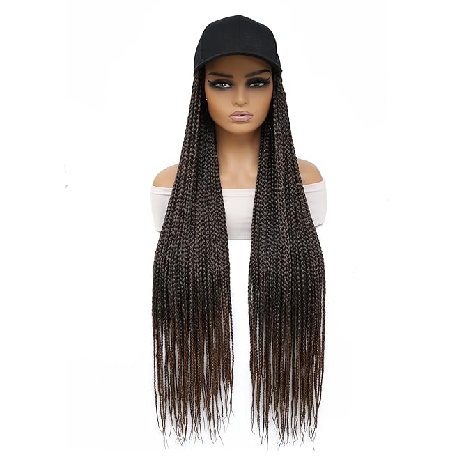 Braided Baseball Cap Wig Box Braid Hair Extensions with Hat Ombre black dark brown Cap Wig with 30inch Long Synthetic Braiding Hair for Women (30in-T30)