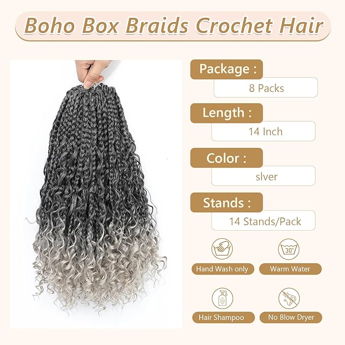 8 Packs Crochet Box Braids- Boho Box Braids Crochet Braids Hair Bohomian Box Braid Crochet Hair Synthetic Braiding Hair 14 Inch Goddess Box Braids Crochet Hair for Black Women (1B/Silver)