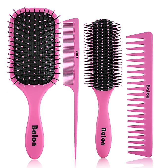 4Pcs Detangling Brush Set for Women - Paddle Brush for Wet or Dry Straight, Long, Thick, Curly, Natural Hair, No More Tangles (Pink)