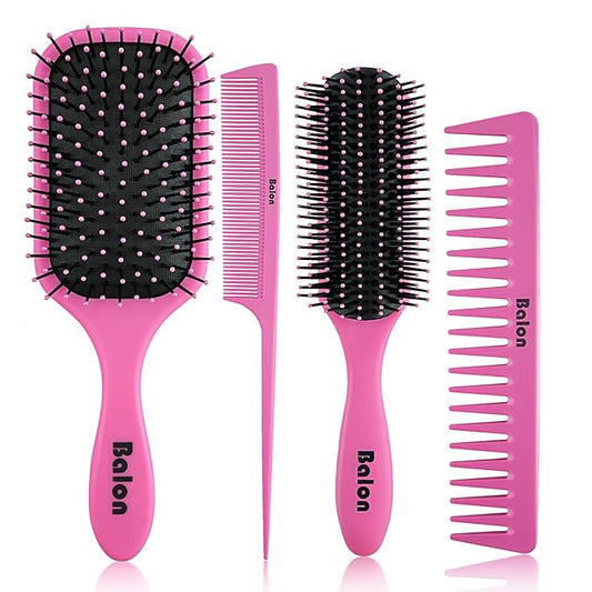 4Pcs Detangling Brush Set for Women - Paddle Brush for Wet or Dry Straight, Long, Thick, Curly, Natural Hair, No More Tangles (Pink)