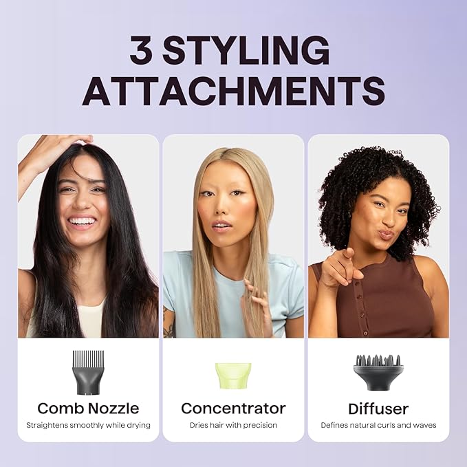 Wavytalk Hair Dryer with Diffuser, Blown Away Ionic Hair Dryer for Curly Hair with Comb, 1875W Fast Drying Blow Dryer with Ceramic Technology, 3 Attachments for All Hair Types, Light and Quiet, Green