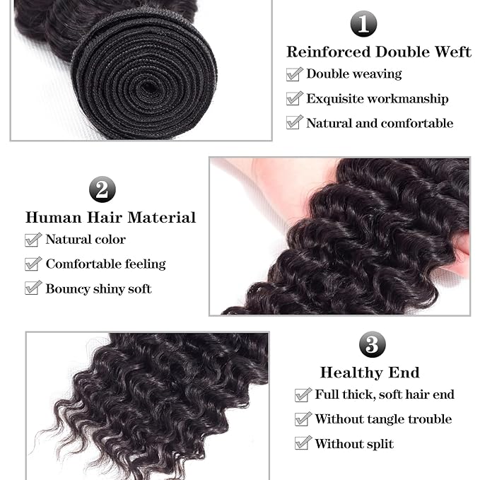12A Brazilian Deep Wave Human Hair Bundles(18 20 22) 100% Unprocessed Virgin Remy Hair Deep Curly Human Hair Weave 3 Bundles Extensions for Black Women Natural Color