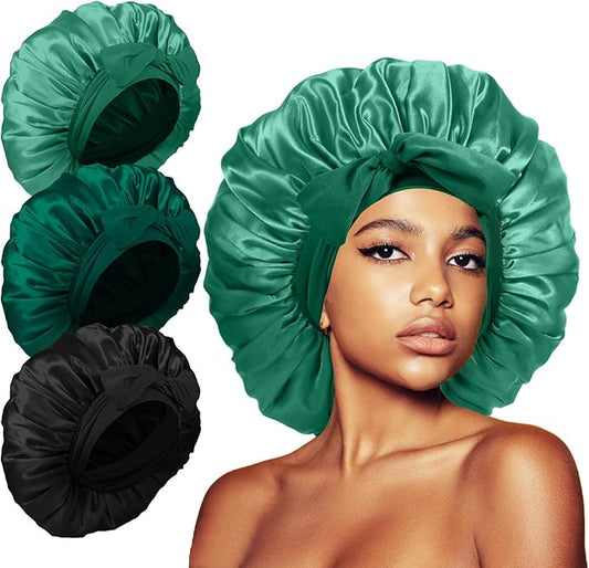 3Pcs Bonnets for Sleeping, Extra Satin Silk Bonnet for Sleeping Women with Tie Band for Curly Hair Jumbo Bonnet Braids