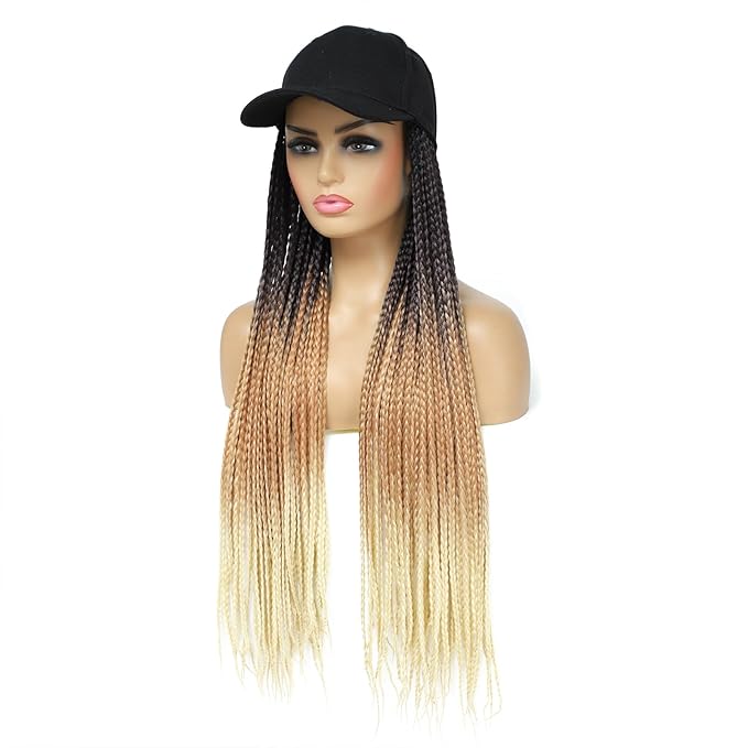 Hat Wig for Women Baseball Cap with Braided Hair Attached 24inch long Synthetic Box Braid Wig Hat Adjustable Cap with ombre black brown blonde Braids for Daily Outdoor Use (B-1B/27/613)