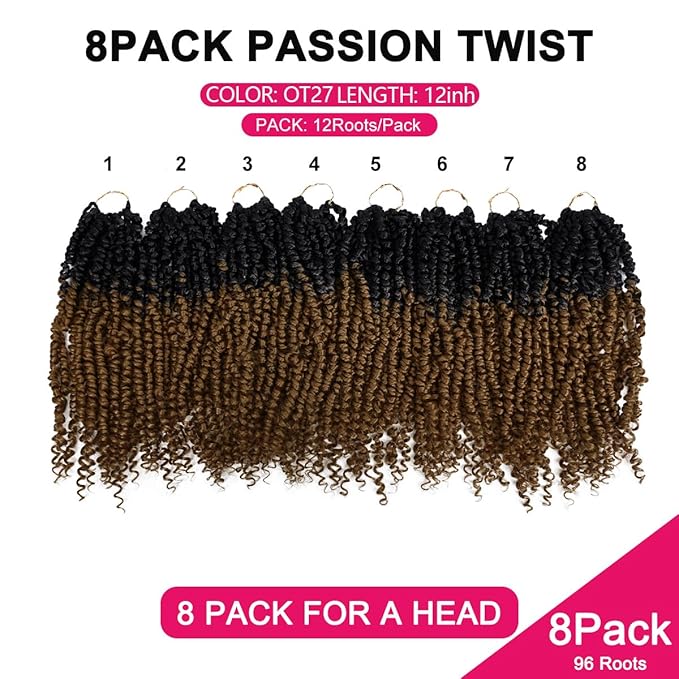NAYOO Passion Twist Hair - 8 Packs 12 Inch Passion Twist Crochet Hair For Women, Crochet Pretwisted Curly Hair Passion Twists Synthetic Braiding Hair Extensions(12 Inch 8 Packs, OT27)