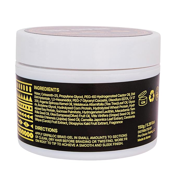 Grip&Loc Luxury Braid Gel Extreme Hold, High Shine Styling Gel & Edge Control, Flake Free with Tea Tree & Argan Oil for Hair, Sleek Braids, Locs & Twists, Made in Korea (5.29 fl oz)