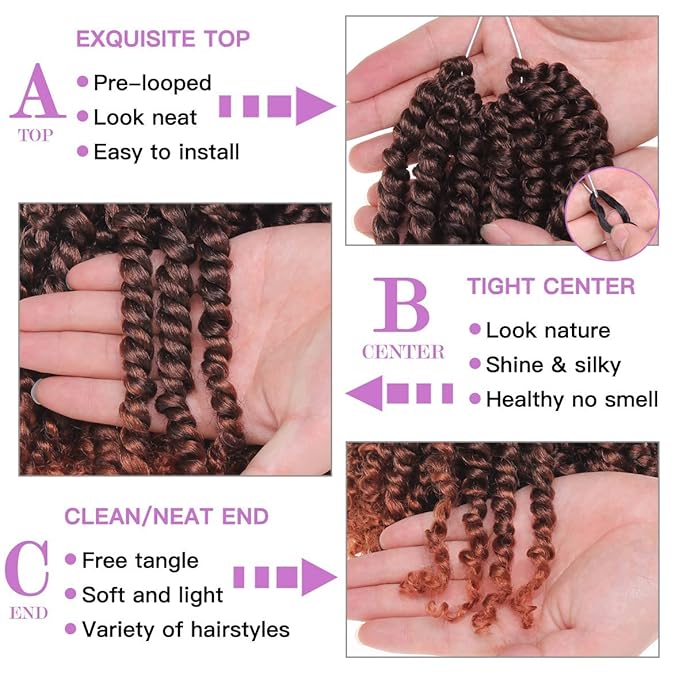 ZRQ Short 8 Packs Pre-twisted Bob Passion Twist Crochet Hair with Curly Ends 8 Inch Pre looped Ombre Copper Red Passion Twists Hair 12 Roots/Pack Synthetic Crochet Braids Hair for Women T350#