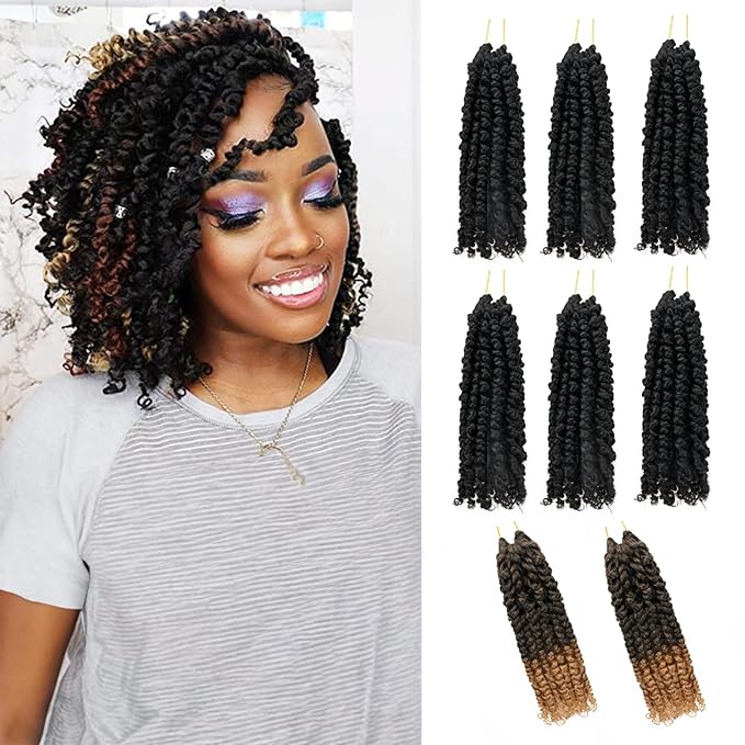 8 Inches 8 Packs Passion Twist Crochet Hair-Mixed Color Combination Package(6 packs 1B+2 pack T27),Pre-twisted Pre Looped Synthetic Spring Kinky Twist Hair Extensions(8"-8 Packs,1B+T27)
