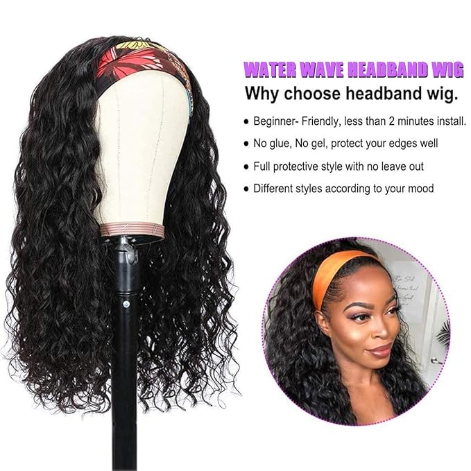 22 Inch Headband Wig Human Hair Water Wave Curly Human Hair Headband Wigs For Black Women Glueless None Lace Front Machine Made Wig 180% Density