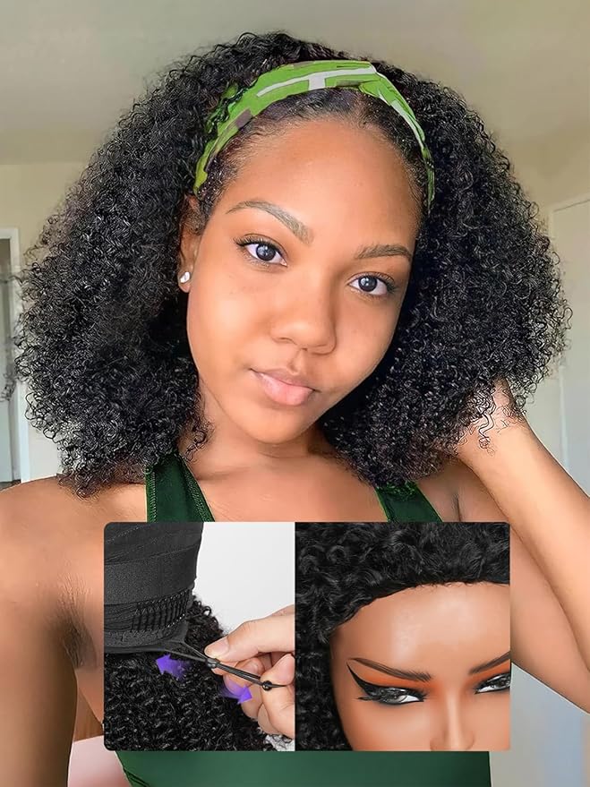 Kinky Curly Half Wig Human Hair 200% Density Wear Go Glueless Wigs Human Hair 3 In 1 Drawstring Seamless Flip Over Wig for Women Daily Wear Headband Wig Beginner Friendly Black (12inch)