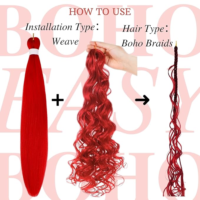 Red Boho Braiding Hair Pre stretched Hypoallergenic Synthetic Braiding Hair Yaki Texture Curly Bohemian Braids