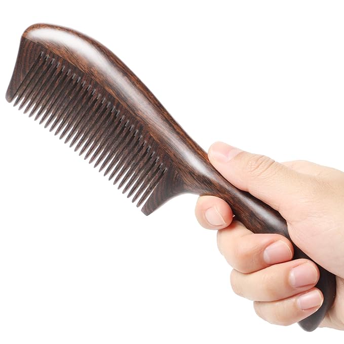 Onedor Handmade 100% Natural Black Sandalwood Hair Combs - Anti-Static Sandalwood Scent Natural Hair Detangler Wooden Comb (Round Handle Fine Tooth)