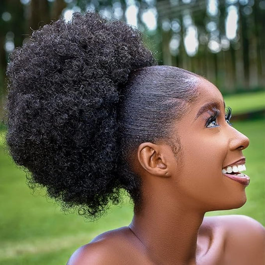 Afro Puff Drawstring Ponytail with Bangs ponytail extension for black women Short Curly Clip in Wrap Updo Hairpiece(1#) (No bangs, 1#)
