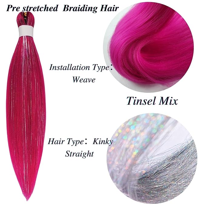 Tinsel Kids Braiding Hair Pre stretched Magenta Pink Braiding Hair for Glitter Braids Festival Braids Cosplay