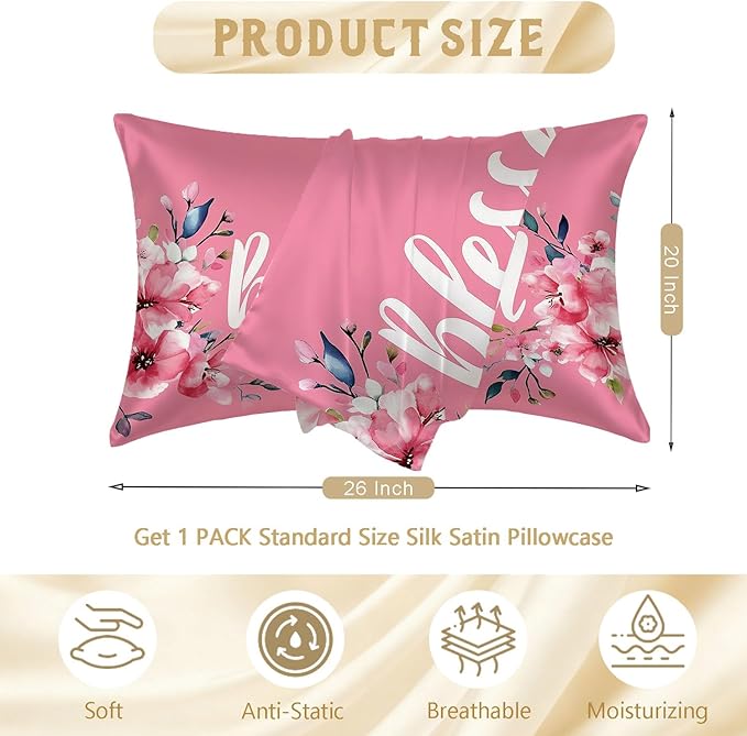 Satin Pillowcase with Zipper for Hair and Skin Blessed Watercolor Pink Floral 1 Pack Soft Silk Pillow Case Standard Size Wrinkle-Free Smooth and Cooling Satin Pillow Cover 20”x26”