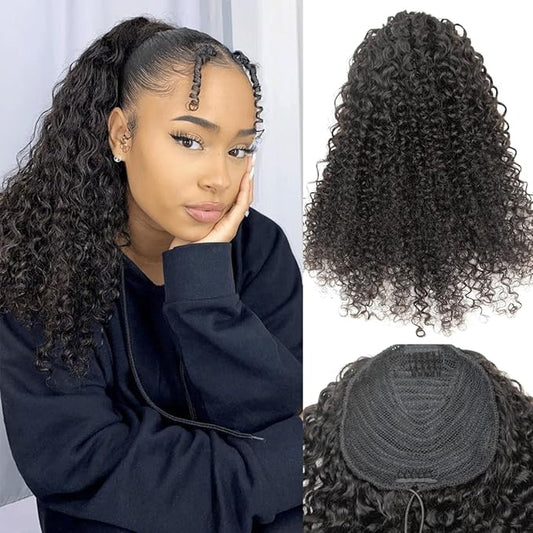 Ponytail Extension Human Hair Curly Ponytail Extension for Black Women Long Afro Puffs Hair Buns Drawstring Ponytail Human Hair (16 Inch #1B Natural Black)