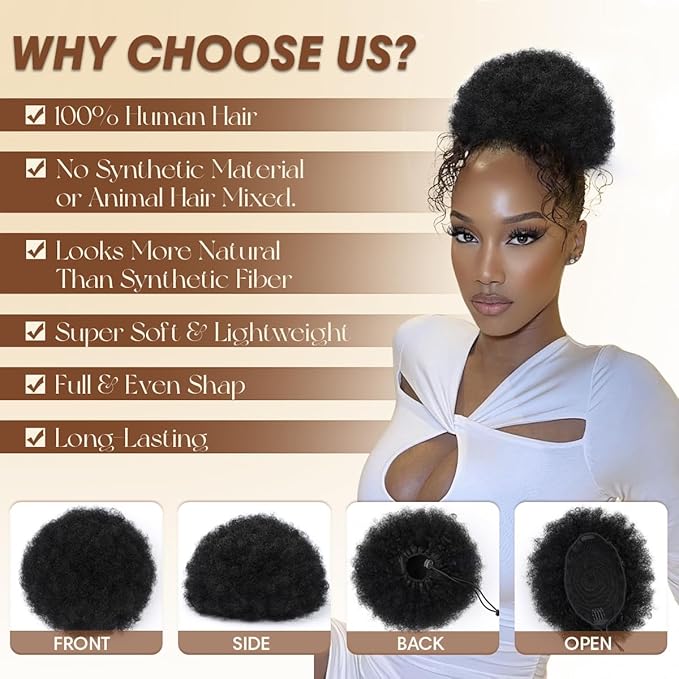 Afro Puff Drawstring Ponytail for Black Women 4 Inch 100% Human Hair #1 Black Durable Natural Soft and Smooth Afro Kinky Curly Hair Hairpieces for Women