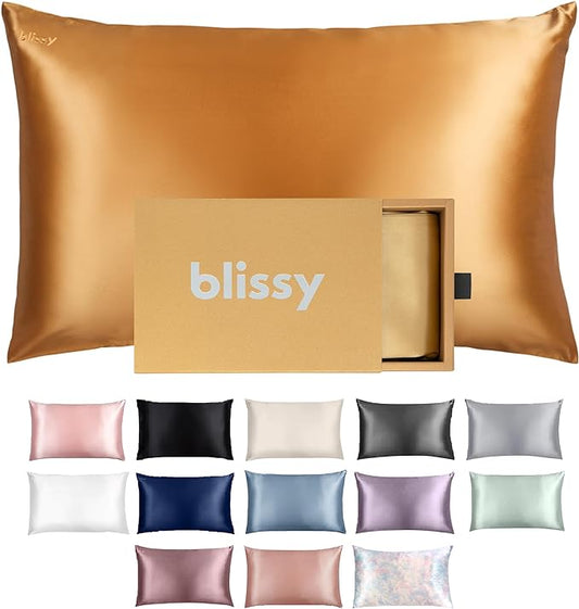 Blissy Silk Pillowcase - 100% Pure Mulberry Silk - 22 Momme 6A High-Grade Fibers - Silk Pillow Cover for Hair & Skin - Regular, Queen & King (Gold, Queen)