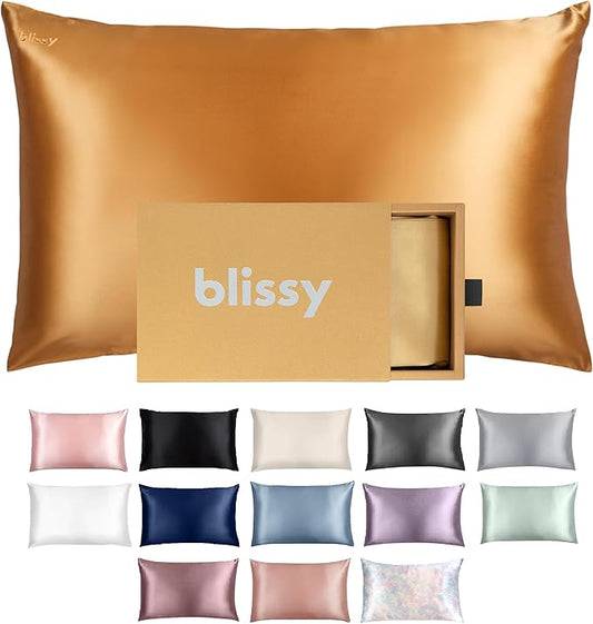Blissy Silk Pillowcase - 100% Pure Mulberry Silk - 22 Momme 6A High-Grade Fibers - Silk Pillow Cover for Hair & Skin - Regular, Queen & King (Gold, King)