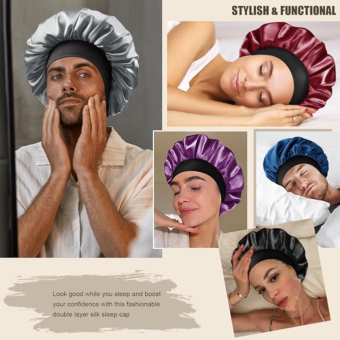 Satin Silk Bonnet for Men & Women, Double Layer Silk Sleep Bonnets, Soft Satin Lined Bonnet for Curly & Natural Hair