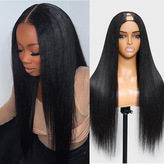 Julia Hair V Part Wig Human Hair Yaki Straight Glueless Wigs for Women 12A Briazilian Remy Hair Upgrade U Part Wig No Glue No Leave Out Beginner Friendly Natural Color 24 Inch Yaki Wig