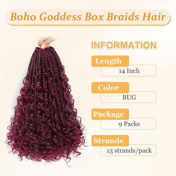 9 Packs Goddess Box Braids Crochet Hair 14 Inch Boho Crochet Box Braids With Curly Ends For Black Women, Bohomian Crochet Box Braids Pre Looped Box Braids Crochet Hair(14Inch 9Packs, BUG)