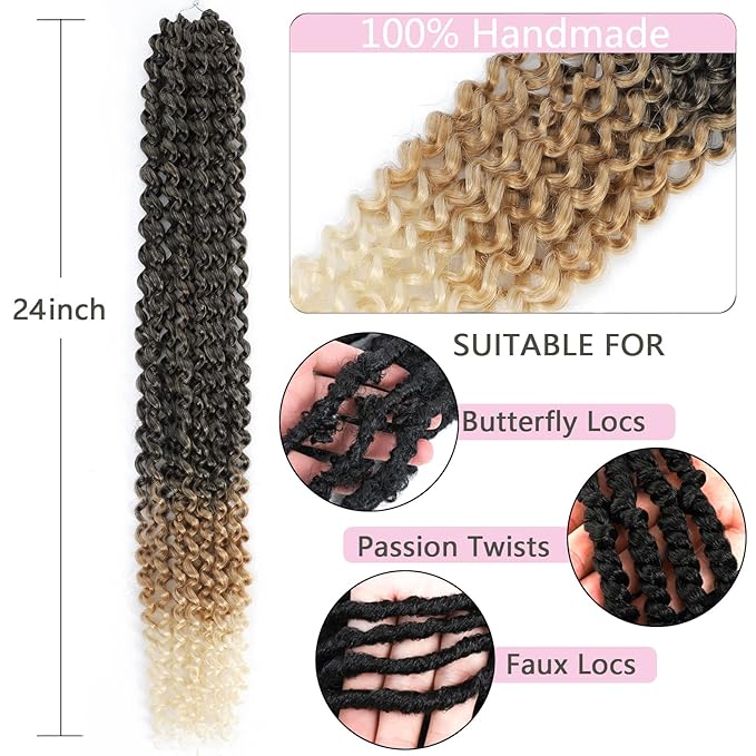 Ombre Passion Twist Hair 24 Inch 8 Packs Passion Twist Crochet Hair For Women Curly Braiding Hair Long Spring Twist Hair Synthetic Hair Extension (24 Inch (Pack of 8), 1B/27/613)