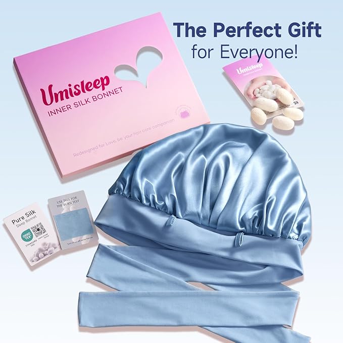 Umisleep Silk Bonnet, Soft Hair Bonnet for Sleeping, Real Mulberry Silk Lining, Bonnets for Women Hair Care, Double Layer Hair Cap with Tie, Large Silk Hair Wrap for Curly Long Hair, Blue