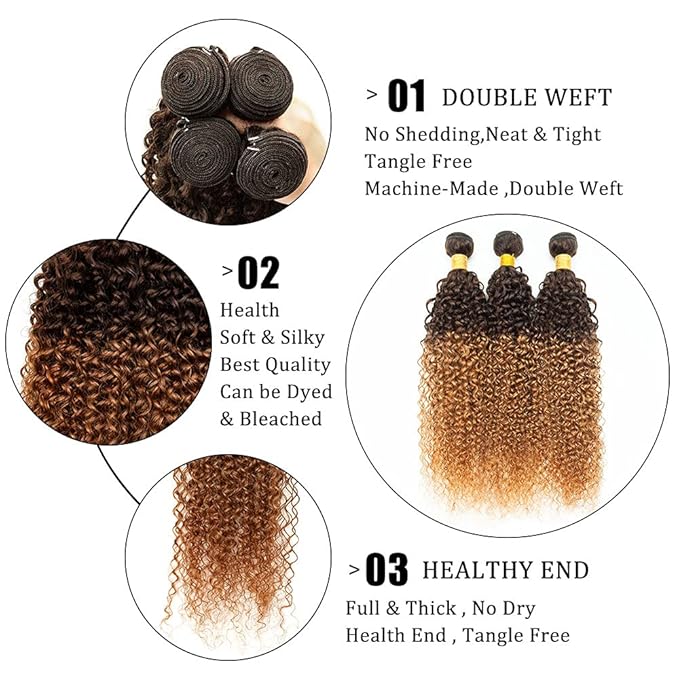 Brazilian Human Hair Bundles Ombre Curly Hair 3 Bundles Brazilian Remy Virgin Human Hair Weave Bundles 100% Unprocessed Kinky Curly Human Hair Extensions T4/30 Medium Brown Hair Bundles(20 22 24)