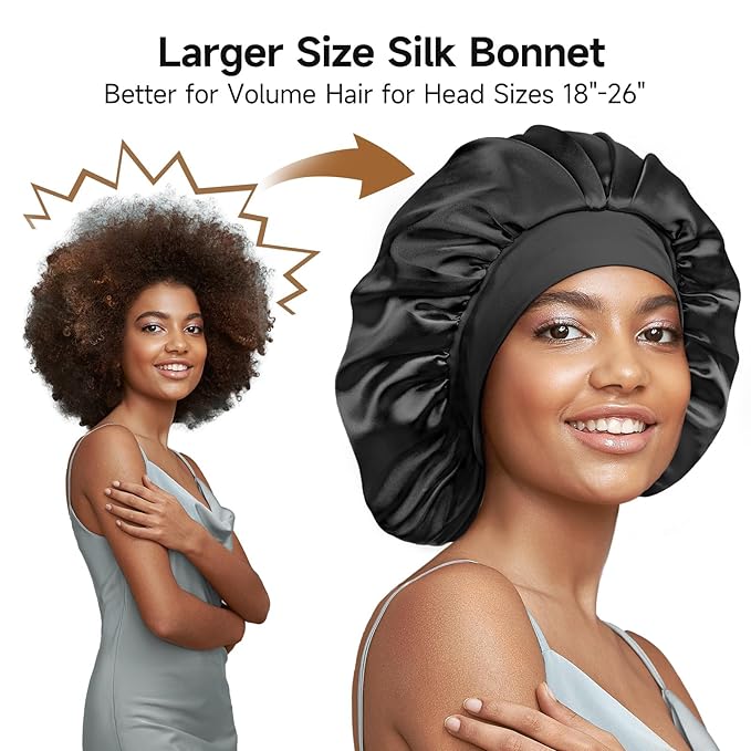 22 Momme 100% Real Mulberry Silk Bonnet for Sleeping Women, Large Hair Care Bonnet for Long Curly Hair, Double Layer Silk Hair Wrap with Soft Elastic Band, Non-Slip Sleep Cap, Black