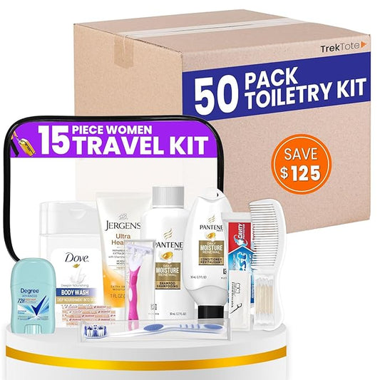 Trektote Bulk Hygiene Kit For Women – (50 Pack) 15 Piece Set – Featuring Top Trusted Brands, TSA Compliant, Bulk Travel Essentials, Includes Shampoo And Conditioner, Body Wash, Toiletry Bag & More