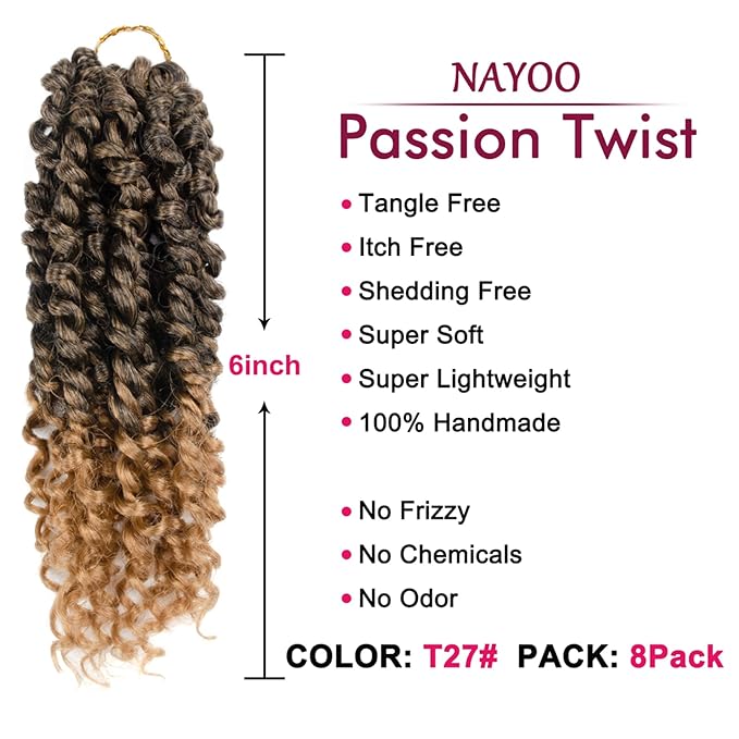 Passion Twist Hair - 8 Packs 6 Inch Passion Twist Crochet Hair For Women, Crochet Pretwisted Curly Hair Passion Twists Synthetic Braiding Hair Extensions(6 Inch 8 Packs, T27)