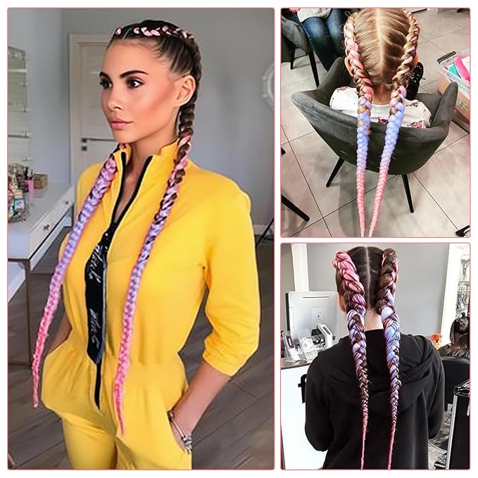 Ombre Pink-Baby Blue Braiding Hair Extension, 28 Inches Pre Stretched Braiding Hair for hair Braids,2 Packs Yaki Texture Synthetic Braid Hair