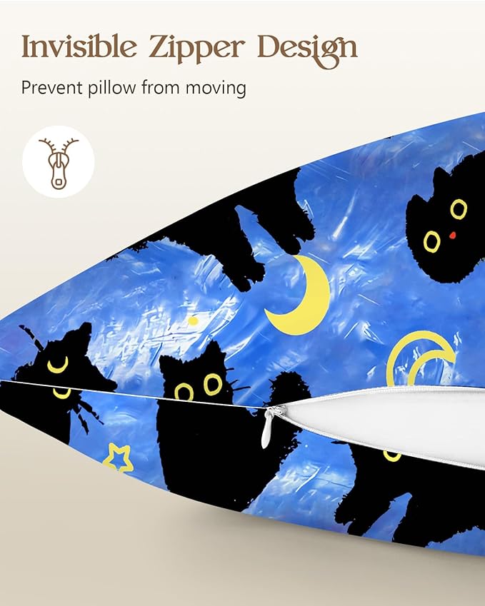 Silk Pillowcase 2 Pack - Cute Pillow Cases 20" x 26" Standard Size Set of 2 for Hair and Skin Smooth Soft Breathable with Hidden Zipper Cooling Pillow Covers for Sleeping, Blue Moon Cat