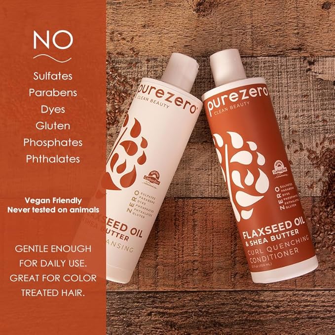 Purezero Flaxseed Oil & Shea Butter Shampoo and Conditioner Set - Curl Care - For Curly Hair Detangle & Defrizz - Zero Sulfates/Parabens/Dyes -100% Vegan & Cruelty Free - Great For Color Treated Hair