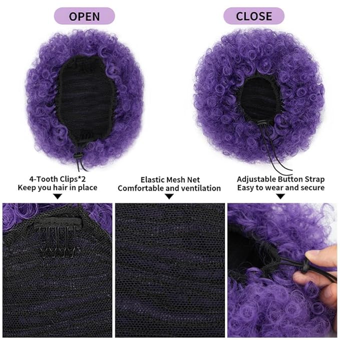 YEAME Short Kinky Curly Synthetic Afro Puff Drawstring Ponytail for Black Women and Girls (2404 Purple)